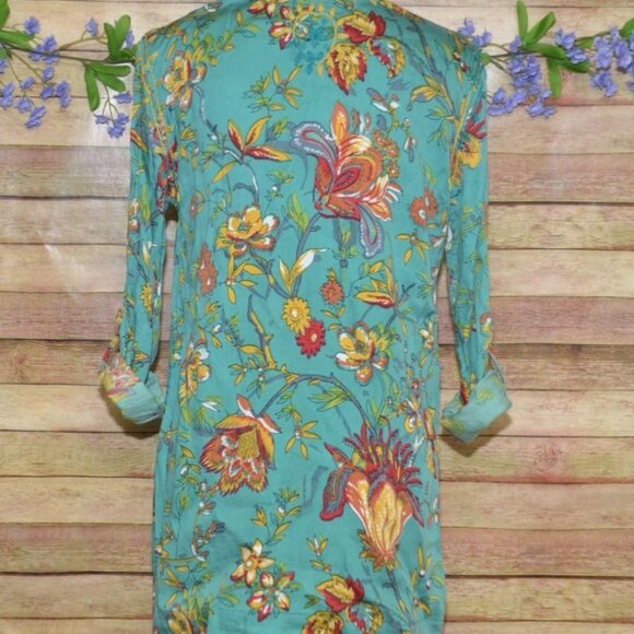 John Mark Tunic Blouse Womens M Floral Embroidery Artsy Boho Roll Tab Sleeves - Picture 8 of 14